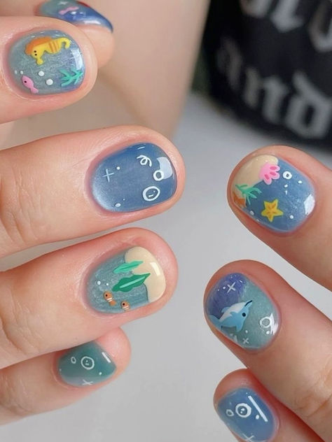 short summer nails: sea creatures Nail Designs For Short Short Nails, Nails Idea For Short Nails, Cute Designs On Short Nails, Cute Nail Designs For Short Nails Summer, Cute Gel Nails Winter, Short Nail Care, Shark Themed Nails, Simple Colourful Nails, Duck Nail Designs Short