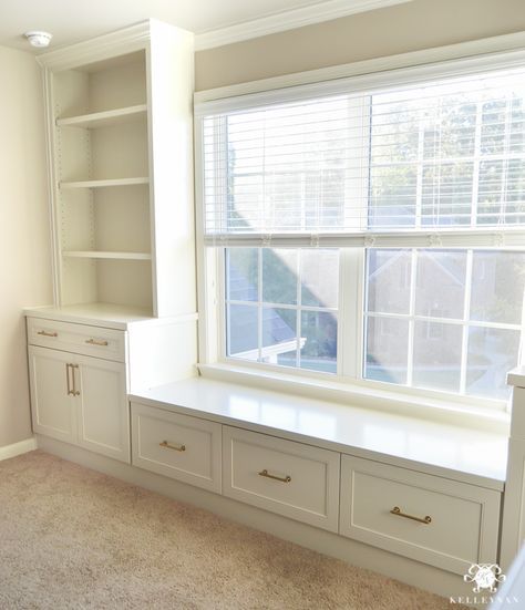 One Room Challenge Home Office Makeover - Built-in cabinets Flanking center room window with gold hardware- Filing Cabinets in Window Seat Bedroom Window Seat, Window Seat Kitchen, Window Seat Design, Home Office Makeover, Office Built Ins, Window Benches, Filing Cabinets, Room Window, One Room Challenge