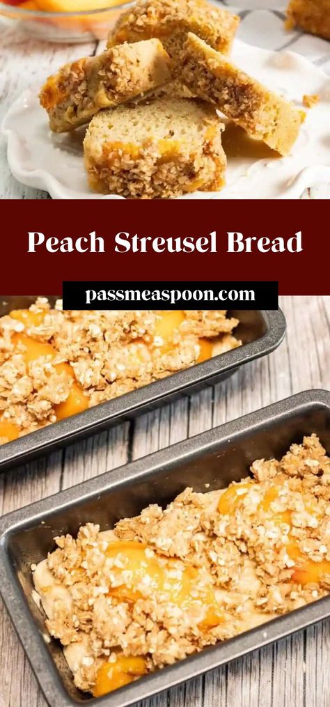 This Peach Streusel Bread is packed with sweet fresh fruit and topped with a warm cinnamon-spiced streusel. You’ll fall in love with the fluffy texture and sweet flavor! Perfect for gifting! Peach Quick Bread, Strudel Topping, Peach Streusel, Brown Sugar Peaches, Peach Bread, Spiced Peaches, Peach Muffins, Quick Baking, Best Bread Recipe