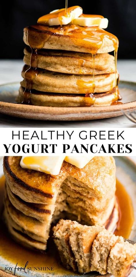 These Healthy Greek Yogurt Pancakes are fluffy and moist. They are easy to make (one bowl) and are the perfect delicious and nutritious breakfast recipe that your whole family will love! Gluten-free & refined-sugar-free options. Greek Yogurt Pancakes Recipe, Greek Yogurt Pancakes, Yogurt Pancakes, Healthy Greek Yogurt, Bolo Fit, Greek Yogurt Recipes, Pancakes Easy, Pancakes Healthy, Nutritious Breakfast