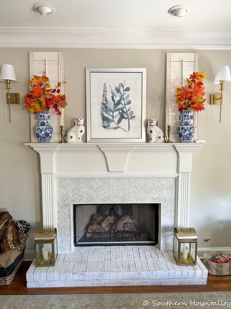 Fall Decorating Ideas - Southern Hospitality Blue Mantel Decorating Ideas, Blue And White Mantle Decor, White Mantle, Winter Decorating Ideas, Blue And White Decor, Winter Mantels, Winter Mantel, Mercury Glass Candle Holders, Mercury Glass Candles