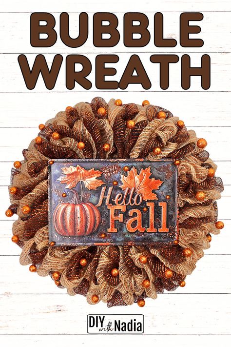 NO FRAY Fall BUBBLE WREATH Deco Mesh Autumn DIY Tutorial #wreath #fallwreath #bubblewreath Bubble Wreath Tutorial, Fall Mesh Wreaths Diy, Deco Mesh Wreath Tutorial, Ribbon Wreath Tutorial, Metal Wreath Ring, Bubble Wreath, Wreath Making Tutorials, Autumn Diy, Fall Mesh Wreaths