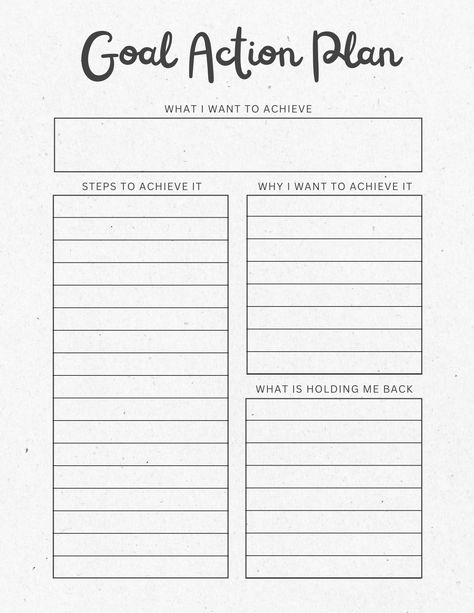 This printable goal action plan worksheet will help you:  -set achievable goals -identify why it is important to you -identify what is standing in your way -outline the steps to achieve it Action Steps For Goals, Goal List Template, Goals List Printable, Goal Action Plan, Goals Writing, Therapy Planner, Glowing Tips, Goal Planning Worksheet, Goals Board