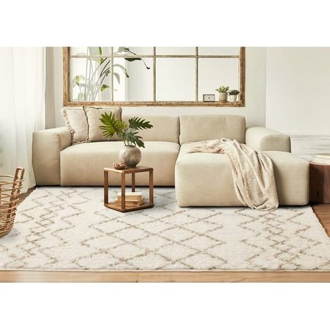 Taylor Collection - Cream Beige Indoor Lattice Soft Shag Area Rug - On Sale - Bed Bath & Beyond - 40867652 Beige Couch With Rug, Indoor Lattice, Warm Earthy Living Room, Cream Couch, Beige Couch, Earthy Living Room, Soft Shag, First Apartment, Shag Area Rug