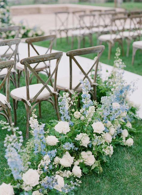 Blue And White Flower Arch Wedding, Blue And White Aisle Arrangements, Blue White Green Wedding Invitation, White Green Blue Wedding Florals, Delphinium Wedding Aisle, Spring Wedding Blue And Green, Hydrangea Floor Arrangement, Dusty Blue Wedding Aisle, Wedding Aisle Hydrangea