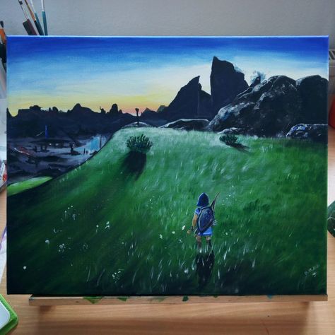 Acrylic painting of a Breath of the Wild landscape #painting #botw #zelda Zelda Breath Of The Wild Painting, Breath Of The Wild Landscape, Zelda Painting, Legend Of Zelda Fanart, Zelda Fanart, Wild Landscape, Botw Zelda, Zelda Art, Zelda Breath