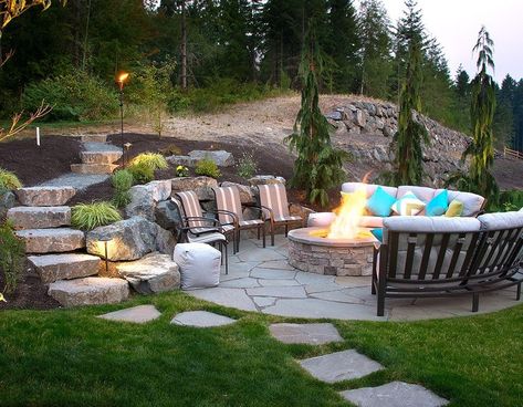 Sloped Backyard Ideas, Sloped Backyard Landscaping, White Pergola, Sloped Yard, Outdoor Fire Pit Designs, Fire Pit Landscaping, Sloped Backyard, Stone Steps, Pergola Ideas