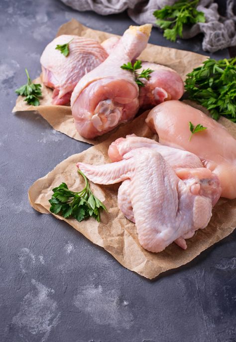 Raw chicken meat fillet, thigh, wings an... | Premium Photo #Freepik #photo #background #food #bird #table Meat Food Styling, Chicken Thighs In Oven, Carnicerias Ideas, Chicken Pop, Mango Kulfi, Meat Store, Poultry Farming, Cooking Frozen Chicken, Meat Shop