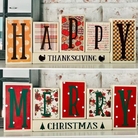 Looking for a piece that you can use for both Thanksgiving and Christmas? Look no further! This Thanksgiving and Christmas Reversible Block is the perfect piece. Simply flip the blocks around the day after Thanksgiving and you are ready to go! Wood Letter Crafts, Thanksgiving Wood Crafts, Merry Christmas Decor, Fall Craft Fairs, Reversible Blocks, Christmas Booth, Cricut Christmas Ideas, Fall Decor Diy Crafts, Christmas Blocks