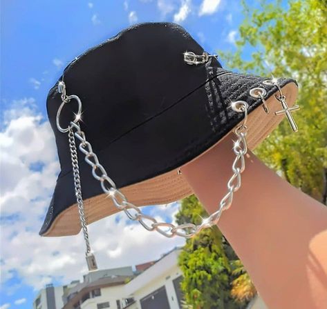 Goth Bucket Hat, Bucket Hat Design Ideas, Hat With Chains, Sanrio Clothes, Chic Black Outfits, Buy My Clothes, Bunny Fashion, Bucket Hat Fashion, Headwear Fashion