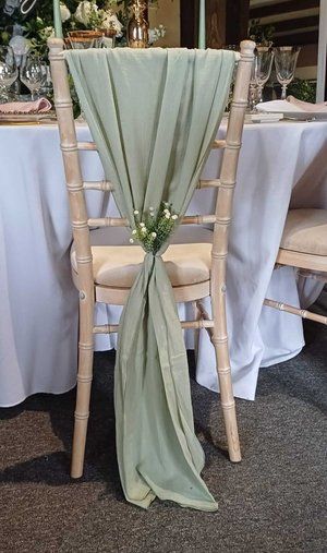 Cheesecloth Vertical drop  - Sage Green Sage Chair Sashes Wedding, Sage Green Chair Covers Wedding, Green Wedding Chair Sashes, Wedding Chair Greenery, Sage Green Wedding Chairs, Sage Green Chair Sash, Green Decorations Wedding, Chair Sash Ideas Wedding, Sage Green Table Setting