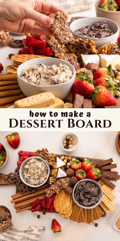 dessert charcuterie board from side and from top. Chacutery Board Ideas Desserts, Christmas Dessert Dip Board, Fruit Dessert Board, Aldi Dessert Charcuterie Board, Cookie And Brownie Charcuterie Board, Dessert Snack Board, Dessert And Fruit Charcuterie Board, Friendsgiving Dessert Charcuterie Board, Simple Dessert Charcuterie Board