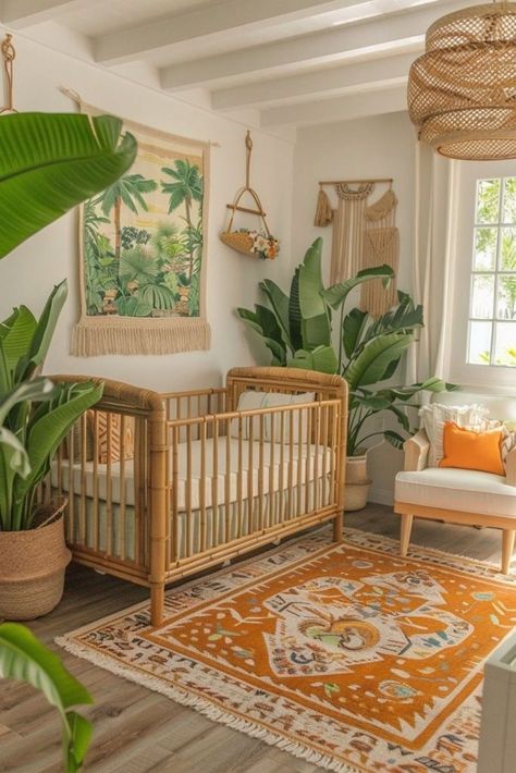 Nursery Room Inspiration Green, Bold Nursery Ideas, Plant Baby Nursery, Earthy Baby Nursery, Earthy Nursery Ideas, Tropical Furniture Design, Dessert Nursery, Plant Themed Nursery, Plant Nursery Ideas