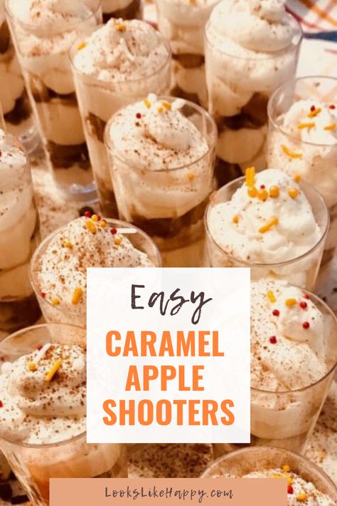 Smores Shooters Recipe, Caramel Apple Cheesecake Shooters, Coconut Cream Pie Shooters, Apple Shooter Desserts, Apple Crisp Shooters, Pumpkin Shooter Desserts, Caramel Apple Shooters, Apple Pie Dessert Shooters, How To Make Cake Shooters