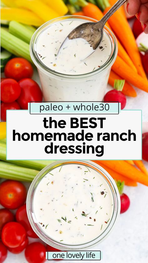 The BEST Paleo Ranch Dressing - This easy paleo ranch comes together in no time! Dairy free, gluten free, paleo and keto approved! // homemade ranch dressing recipe // dairy-free ranch dressing recipe // dump ranch // keto ranch dressing // paleo dump ranch dressing // whole30 dump ranch // easy ranch dressing // ranch dressing recipe no seasoning mix // healthy ranch dressing Dairy Free Ranch Recipe, Dairy Free Ranch Dressing Recipe, Easy Ranch Dressing, Paleo Ranch Dressing, Dump Ranch, Paleo Ranch, Dairy Free Ranch Dressing, Healthy Ranch Dressing, Ranch Dressing Recipe Homemade