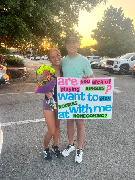 #homecoming #tennis #HOCOproposal Tennis Themed Hoco Proposal, Tennis Themed Hoco Poster, Promposal Ideas Tennis, Tennis Prom Proposal, Tennis Themed Prom Proposal, Dance Promposal Ideas, Tennis Dance Proposals, Tennis Homecoming Proposal Ideas, Tennis Hoco Signs