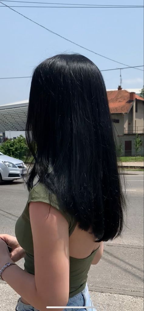 Layers Black Hair Medium, Healthy Hair Layers, Straight Black Hair Styles, Long Hair With Minimal Layers, Black Hair Dye Aesthetic, Asian Jet Black Hair, Mid Length Hair With Layers Black, Straight Medium Layered Hair, Jet Black Medium Length Hair