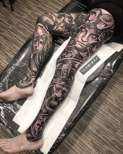 #liontattoo | Art Dodepras Lumina Tattoo, Chicano Leg Tattoo, Chicano Sleeve, Tattoo Pierna Hombre, Rock Tattoos, Tattoo Perna, Best Leg Tattoos, Girl Thigh Tattoos