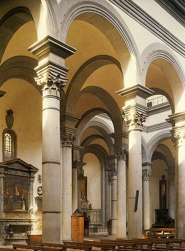 Brunelleschi.Florence.S.Spirito.nave and transept.round arches.1434 Filippo Brunelleschi, Round Arch, Brick Architecture, European Architecture, Baroque Architecture, Architecture Old, Traditional Architecture, Historical Architecture, Florence Italy