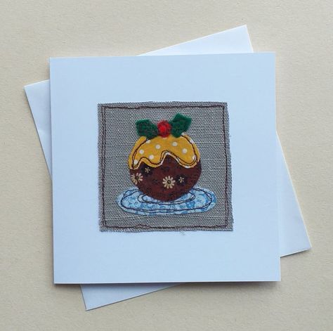 Potato Stamp Christmas Cards, Handmade Fabric Christmas Cards, Christmas Pudding Card, Fabric Xmas Cards, How To Make Fabric Cards, Sewn Christmas Cards, Hand Made Christmas Cards, Mixed Media Christmas Cards, Fabric Note Cards