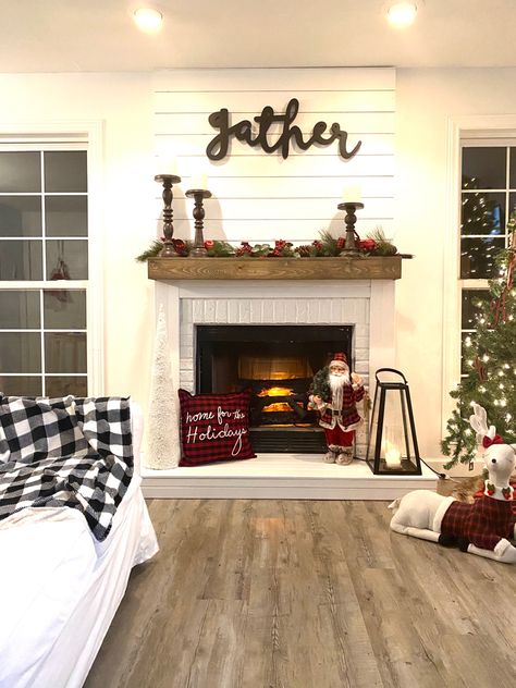 Gas Insert Fireplace Ideas Shiplap, Shiplap Fireplace Bedroom, Ahiplap Fireplace, Shiplap Covered Fireplace, Shipman Fireplace, Fireplace Diy Ideas, Farmhouse Gas Fireplace Ideas, Shiplap Behind Fireplace, Mobile Home Fireplace Makeover