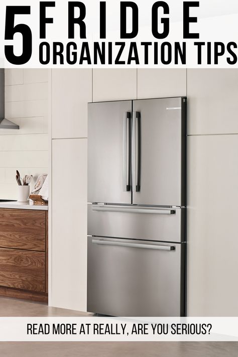 5 fridge organization tips that will get things neat and tidy for you. Fridge In Kitchen, Double Refrigerator, Bosch Fridge, Double Fridge, Bosch Refrigerator, Counter Depth Fridge, Counter Depth Refrigerator, Are You Serious, Refrigerator Organization