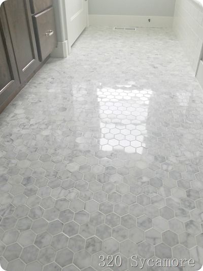 carrera hex marble tile Carrera Marble Bathroom Floor, Carrera Marble Bathroom, Marble Bathroom Floor, Dream Beach Houses, Kitchen Remodel Design, Small Tiles, Bathroom Remodel Designs, Small Bath, Bathroom Reno