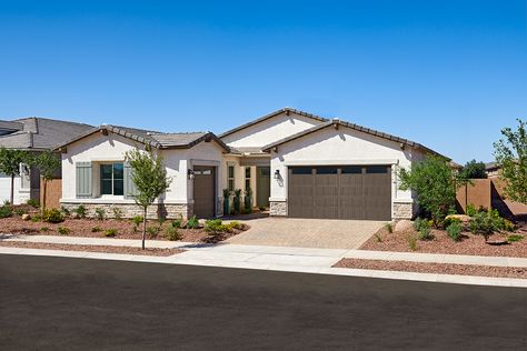 Pomona model home exterior | Surprise, Arizona | Estates at Asante | Richmond American Homes Desert Farmhouse Exterior, Arizona Home Exterior, Arizona Homes Exterior, Arizona House Exterior, Arizona Style Homes, Desert Home Exterior, San Tan Valley Arizona, Sims4 House, Oasis Springs