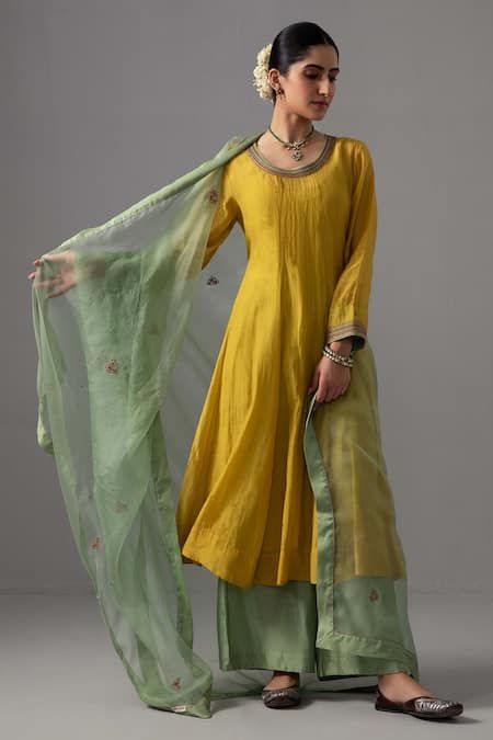 Buy Label Shreya Sharma Yellow Kurta Chanderi Sequined Anarkali Pant Set Online | Aza Fashions Yellow Dress Colour Combination, Organza Dress Sleeves, Yellow Colour Combinations Outfit, Kurti Colour Combination Ideas, Yellow Combination Color Dress, Yellow Dupatta Color Combinations, Yellow Colour Combinations Dress, Yellow Kurti Color Combinations, Yellow Combination Outfits Indian