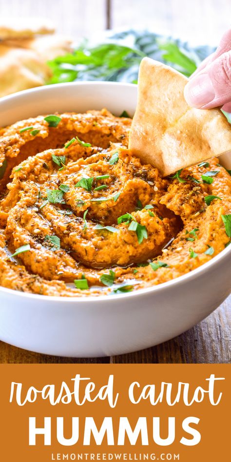 Roast Carrot Hummus, Carrot Hummus Without Tahini, Roasted Carrot Hummus Recipe, Roasted Carrot Dip, Chestnut Hummus, Carrot Appetizers, Savory Carrot Recipes, Rainbow Hummus, Hummus Carrot