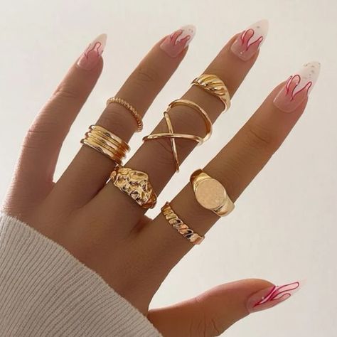 Fashion Ring Set, Pave Setting Ring, Color Borgoña, Rings Jewelry Fashion, Geometric Ring, Chunky Rings, Finger Rings, Rings For Girls, Matching Rings