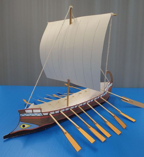 Paper Greek Ship Template (scroll down to find). Viking Ship Project, Viking Ship Craft, Ancient Greek Ship, Vikings Ship, Ancient Greek Buildings, Ship Model Diy, Greek Ship, Ship Template, Cardboard Art Projects