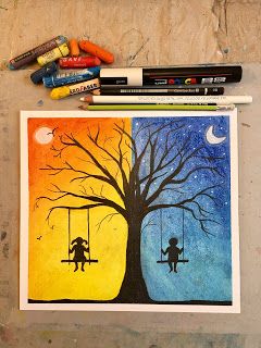 Art Room Britt: Silhouetted Day and Night Tree Oil Pastel Drawings Easy, Lapin Art, Seni Pastel, Oil Pastel Paintings, Canvas Painting Tutorials, Easy Canvas Art, Oil Pastel Art, Oil Pastel Drawings, Easy Canvas Painting