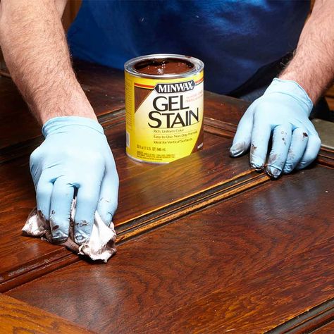 Renew Woodwork Without Refinishing - 20 Wood Finishing Tips: http://www.familyhandyman.com/woodworking/staining-wood/wood-finishing-tips Minwax Gel Stain, Woodworking Plans Patterns, Woodworking Bed, Woodworking Clamps, Table Farmhouse, Woodworking Toys, Woodworking Patterns, Woodworking Joints, Woodworking Workshop