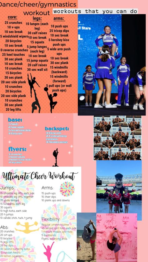 this is a workout for people and cheerleaders Cheerleader Workout, Cheerleading Workouts, Heel Touches, Reverse Crunches, Tricep Dips, Calf Raises, Jump Squats, Gymnastics Workout, A Workout