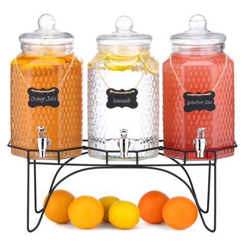 PRICES MAY VARY. Complete Beverage Solution For Any Occasion: Enhance your gatherings with this large 1-gallon glass dispenser with spout 3-pack, complete with glass lids, non-drip spigots, a sturdy metal stand, and chalkboard signs for easy labeling. Serve Drinks With Ease And Elegance: The raised metal stand allows for effortless pouring, making these large drink dispensers for parties perfect for event planners and small business owners looking for a stylish beverage station. Customizable And Lemonade Dispenser, Glass Drink Dispenser, Drink Dispenser Stand, Glass Beverage Dispenser, Juice Dispenser, Beverage Station, Glass Dispenser, Drink Dispenser, Event Planners