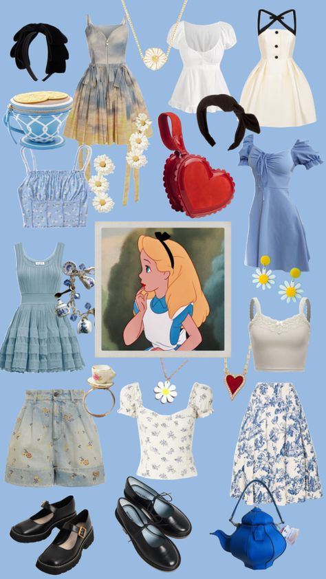 Alice #aliceinwonderland #disney #disneybound #outfit #outfitinspo #fashion #disneyfashionseries #blue Alice In Wonderland Disney World Outfit, Alice In Wonderland Outfit Inspiration, Alice And Wonderland Outfit Ideas, Disneyoutfit Ideas, Blue Disney Outfit, Disney Outfits For Halloween, Alice In Wonderland Inspired Outfits Casual, Disney Princess Outfits Aesthetic, Alice In Wonderland Disney Outfit