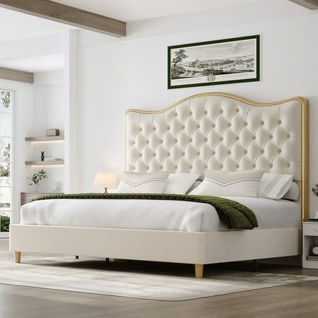 Homfa - Create a comfortable life! This platform bed with a gold luxurious borders paired with a 54.5-inch button tufted high curved headboard bring palace-like luxury to your bedroom. The elegant and stylish cream gold look suits most bedroom styles. Hand-made button-tufted headboard provides a sleek look. The soft-touch velvet fiber provides a stronger wrapping feeling, and the high-density sponge filling provides comfortable support. 8-14 inches mattress is recommended. Whether lying down, re High Back Headboard Beds, Cream Velvet Bed Frame, White And Gold Bed Frame, Beige Tufted Bedroom Ideas, Wayfair Bed Frame, Elegant Headboards, White And Gold Bedroom, White And Beige Bedroom, Tufted Headboard Bedroom