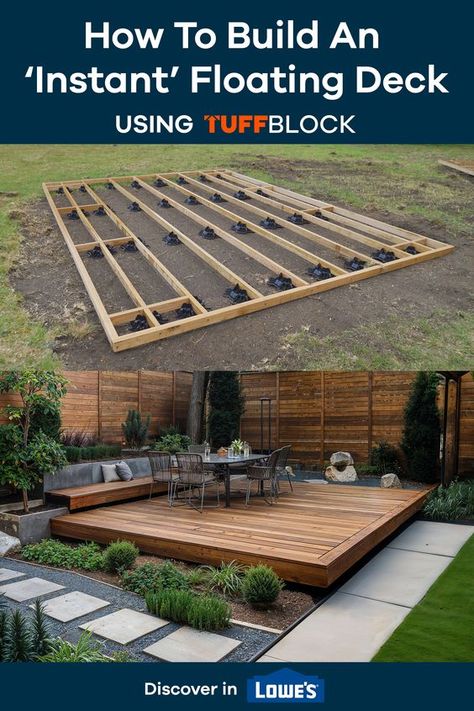 TuffBlocks allow you to build a deck in a single weekend. Avoid the need for digging and build on the most durable, lightweight and heavy duty deck block on the market. Deck Block Ideas, Building A Floating Deck Ground Level, Movable Deck Platform, Diy Backyard Deck Ideas, How To Build A Deck, Floating Deck With Pergola, Deck Over Concrete Patio, Floating Decks, Build A Floating Deck