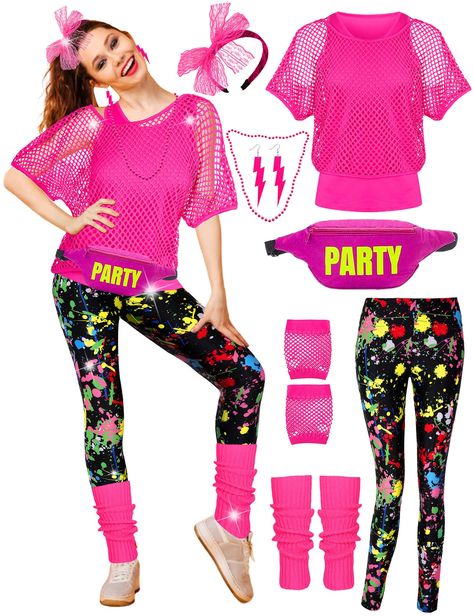 PRICES MAY VARY. Full set 80s Outfit For Women: includes 1 pcs retro 80s fishnet Top, 1 pcs Vest, 1 pcs pants，1 pcs leg warmers, 1 pcs necklace,1 pcs Earrings, 1 pcs headband, 1 pair of gloves and 1 pcs fanny pack, which can satisfy your needs for 80s costume accessories. The fishnet top and vest are made of cotton ,soft and breathable，and yoga pants are composed of a super-soft polyester-spandex fabric，Elastic enough that conforms to your body , it is not see-through,and the color will not fade 80s Theme Outfit For Women, 80s Costume Diy, 80s Costume Ideas For Women, 80s Fishnet, 80s Costume Ideas, 1980's Hair, 80s Workout Outfit, 80s Halloween Costumes, The 80s Fashion