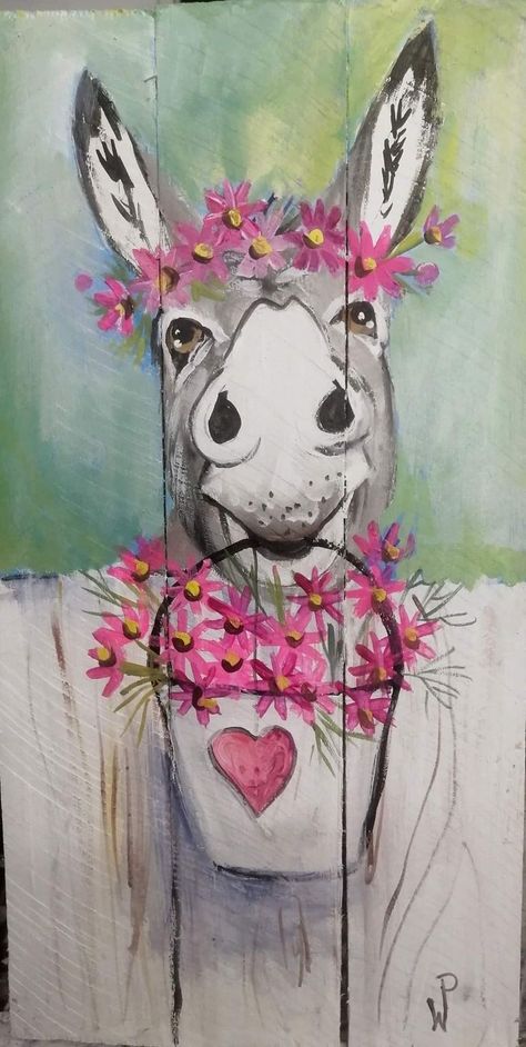 Acrylic Painting Farm Animals, Whimsical Country Home, Donkey Watercolor Painting, Donkies Art, Whimsical Cow Art, Farm Animal Canvas Painting, Donkey Paintings On Canvas, Cute Farm Animal Paintings, Donkey With Flowers