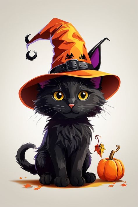 halloween cute black cat wearing a witches hat, kids style, Halloween elements, , whole body, Sketch style, full body cartoon style, vector art, clean vector art, white background, Sketch style, vibrant colors, no blends, so shadows, no gradients, solid colors Image Halloween, Chat Halloween, Cat Clipart, Witch Cat, Gems Art, Hur Man Målar, Halloween Illustration, Cat Pumpkin, Cute Black Cats