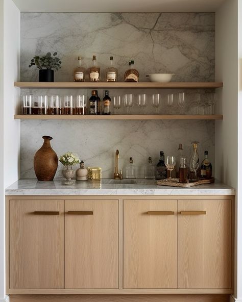 Studio Mcgee Wet Bar, Wet Bar Floating Shelves Ideas, Hallway Bar Ideas, Marble Kitchen Shelves, Kitchen Bar Shelves, Modern Bar Basement, Built In Bar In Dining Room, Wet Bar Shelves, Bar Nook In Living Room