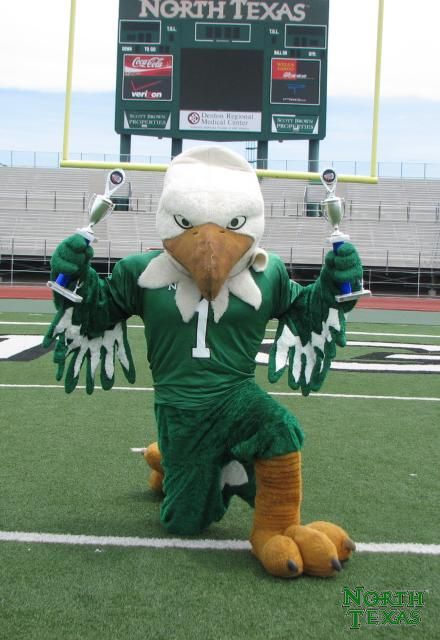 University of North Texas Mean Green. Scrappy. The nickname comes from Pittsburgh Steelers great, "Mean" Joe Greene, who played football for UNT. Fans mistakenly assumed his nickname came from his college days. UNT students loved the idea and adopted it as their official team name. Football Eagles, Referee Costume, White Eagle, Football Usa, Eagle Mascot, College Gameday, Texas Sports, Texas Football, University Of North Texas