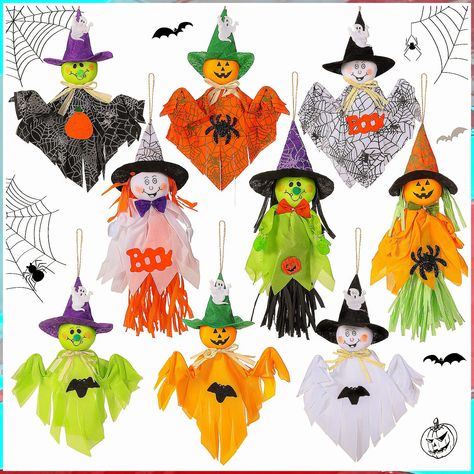 9 Pack Halloween Decoration Hanging Ghost Hanging Pumpkins Outdoor Halloween Decorations Tree Hanging Scary Pumpkin Ghost Witch Spider Bat Straw Windsock Pendant for Patio Lawn Garden Spooky Party Hanging Pumpkins, Halloween Party Bar, Outdoor Halloween Parties, Halloween Hanging Ghost, Outdoor Halloween Decorations, Halloween Bat Decorations, Hallowen Ideas, Halloween Witch Decorations, Ghost Witch