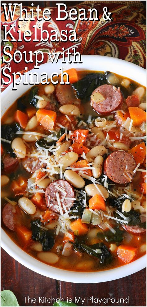 Top View of a Bowl of White Bean & Kielbasa Soup with Spinach Phyllo Tart, Sausage Kale Soup, Kielbasa Soup, Black Eyed Pea Soup, Sausage And Kale Soup, Kale Soup Recipes, Toscana Recipe, Sausage Soup Recipes, Sausage Kale