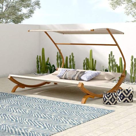 Mistana Tillis Double Teak Chaise Lounge with Cushion  | Scandinavian Interior Design | #scandinavian #interior Teak Chaise Lounge, Outdoor Cabana, Double Chaise Lounge, Patio Daybed, Outdoor Daybed, Chaise Lounges, Day Bed, Outdoor Chaise, Outdoor Chaise Lounge