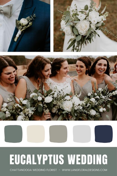 White Peonies, Eucalyptus, and Sage green bridesmaids dresses! Eucalyptus Colored Bridesmaid Dress, Sage Wedding Colors Fall, Grey And Eucalyptus Wedding, Eucalyptus Wedding Mood Board, Wedding Theme Eucalyptus, Sage Mismatched Bridesmaids, Bridesmaid Dresses Green Sage Color Palettes, Eucalyptus And Navy Blue Wedding, Spring Eucalyptus Wedding