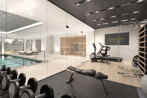 Ma Student, Gym Basement, Pilates Room, Modern Home Gym, Indoor Pool House, Home Gym Basement, Architecture Instagram, Dream Home Gym, House Gym