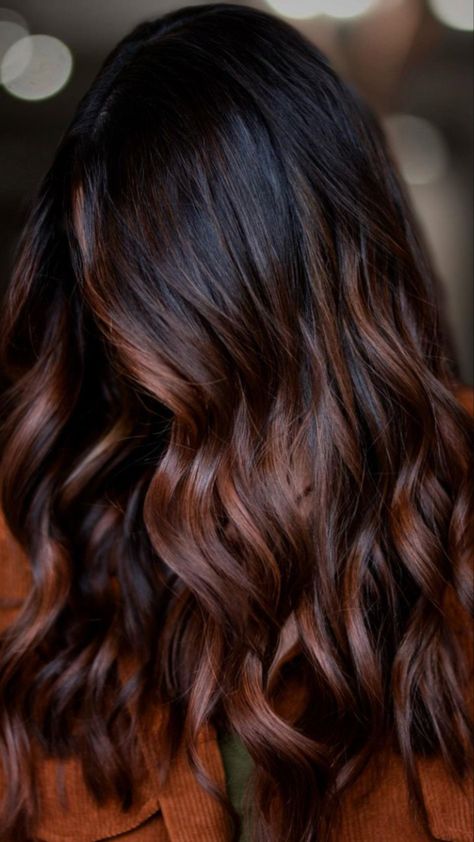 Call 2023 Hair, Naturally Curly Hair Short Styles, Brunette Balayage Hair Front View, Brown Colour On Black Hair, Balayage For Dark Brown Hair Long Layers, Ginger Bayalage On Dark Hair, Brown Hair Going Darker, Auburn On Black Hair, Brown Hair Color Ideas For Fall